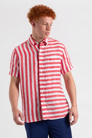 Ben Sherman B by Ben Sherman Candy Stripe Linen Short Sleeve Shirts Pink Red | YFOAMPZ-24