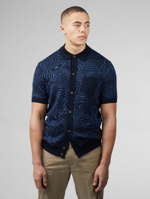 Ben Sherman B by Ben Sherman Swirl Jacquard Button Through Polo Knitwear Navy | QYVZLWT-34