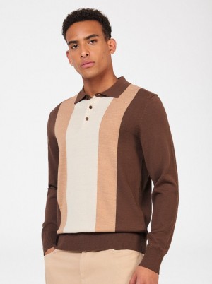 Ben Sherman Block Stripe Merino Polo Neck Sweaters Chocolate | YPIQJRU-12