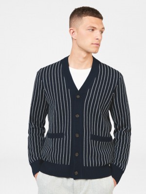 Ben Sherman Jacquard Stripe Cardigan Knitwear Navy | MGNIFUD-95