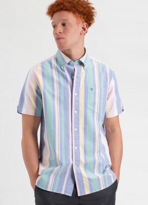 Ben Sherman Short Sleeve Brighton Oxford Organic Stripe Shirts Multicolor Stripes | NRXZMUY-76