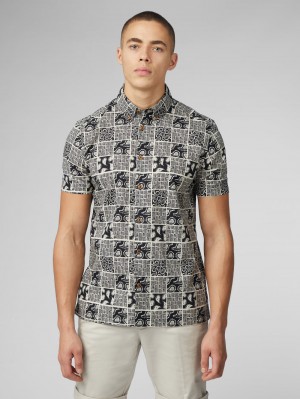 Ben Sherman Signature Checkerboard Paisley Print Shirts Black | ZUNQLDK-72