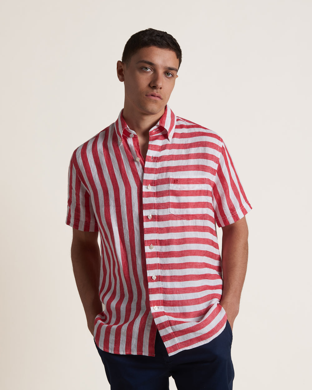 Ben Sherman B by Ben Sherman Candy Stripe Linen Short Sleeve Shirts Pink Red | YFOAMPZ-24