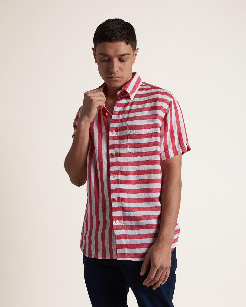 Ben Sherman B by Ben Sherman Candy Stripe Linen Short Sleeve Shirts Pink Red | YFOAMPZ-24