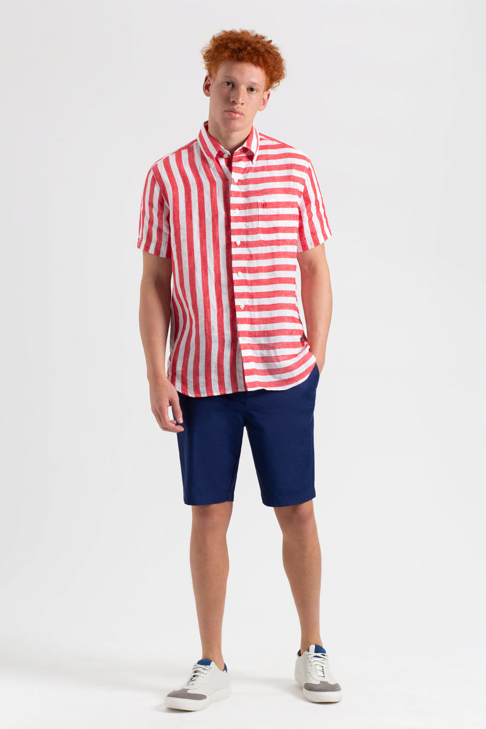 Ben Sherman B by Ben Sherman Candy Stripe Linen Short Sleeve Shirts Pink Red | YFOAMPZ-24