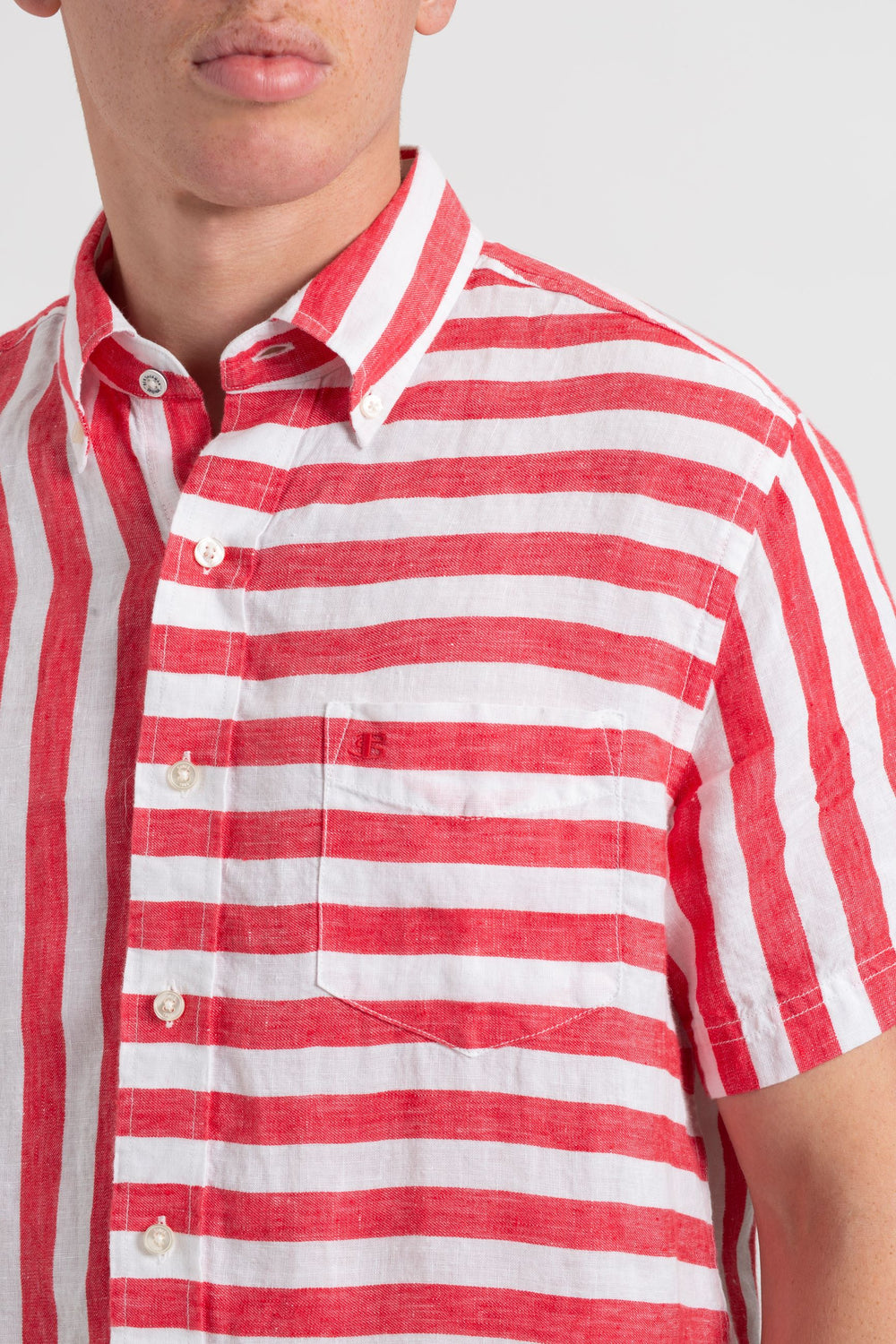 Ben Sherman B by Ben Sherman Candy Stripe Linen Short Sleeve Shirts Pink Red | YFOAMPZ-24