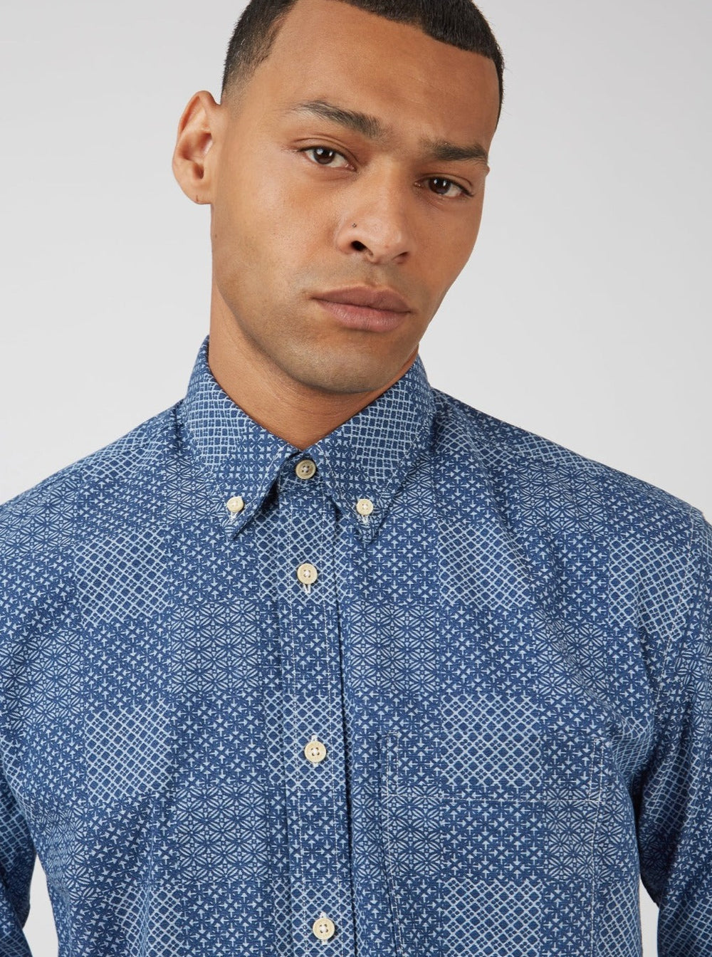 Ben Sherman Chambray Patchwork Geo Print Long-Sleeve Shirts Blue | GZHFOSN-86