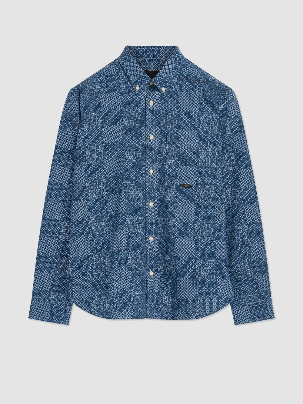 Ben Sherman Chambray Patchwork Geo Print Long-Sleeve Shirts Blue | GZHFOSN-86