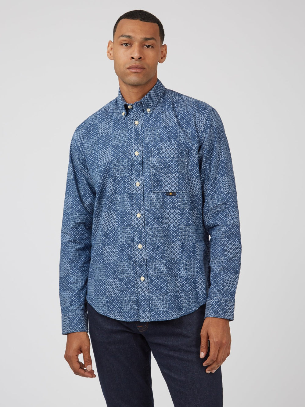 Ben Sherman Chambray Patchwork Geo Print Long-Sleeve Shirts Blue | GZHFOSN-86