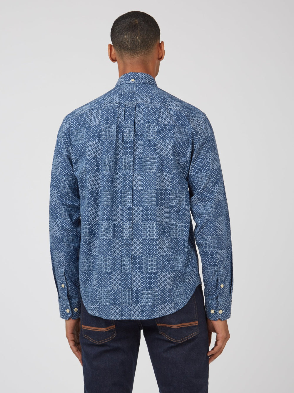 Ben Sherman Chambray Patchwork Geo Print Long-Sleeve Shirts Blue | GZHFOSN-86