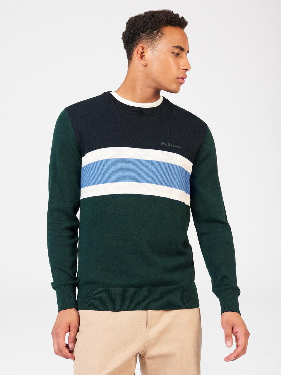 Ben Sherman Chest Stripe Crewneck Knitwear Dark Green | LPQMOGZ-10