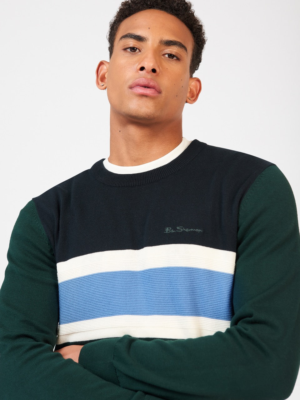 Ben Sherman Chest Stripe Crewneck Knitwear Dark Green | LPQMOGZ-10