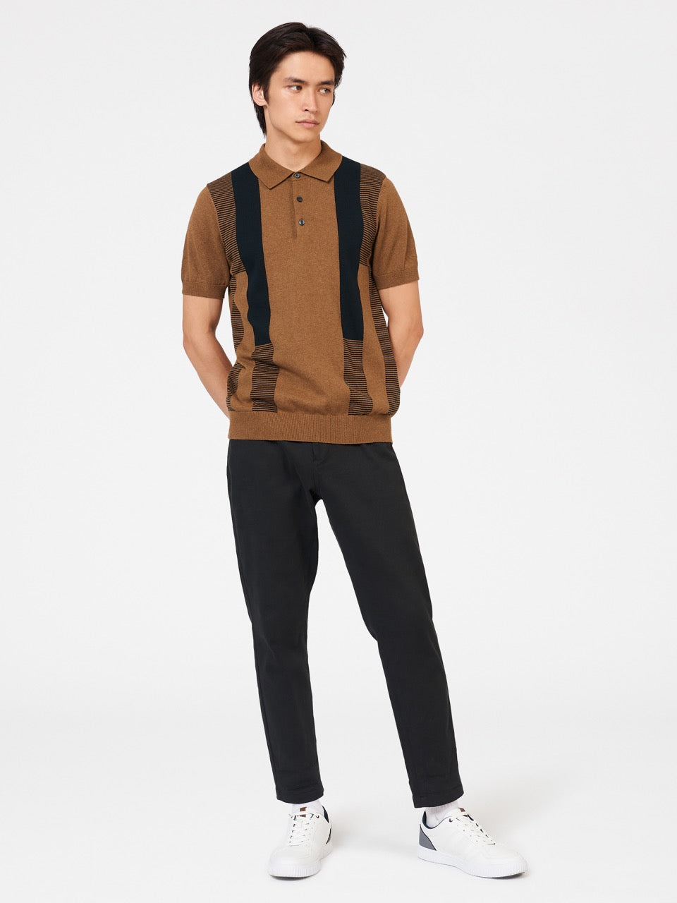 Ben Sherman Intarsia Stripe Polo Neck Sweaters Brown | AGRWNHJ-06