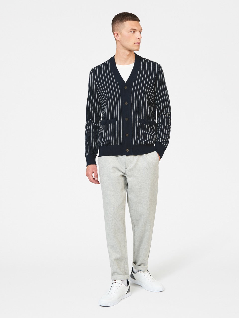 Ben Sherman Jacquard Stripe Cardigan Knitwear Navy | MGNIFUD-95