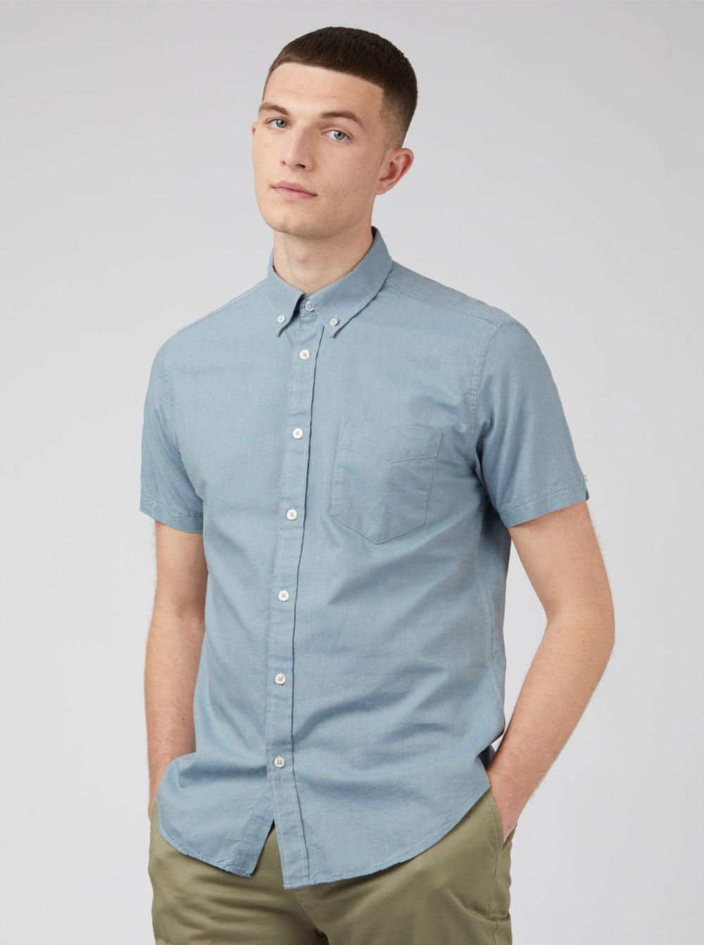 Ben Sherman Signature Organic Short-Sleeve Oxford Shadow Shirts Blue Grey | QRVEHXL-71