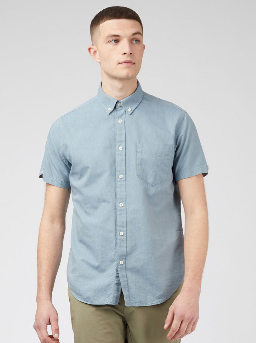 Ben Sherman Signature Organic Short-Sleeve Oxford Shadow Shirts Blue Grey | QRVEHXL-71